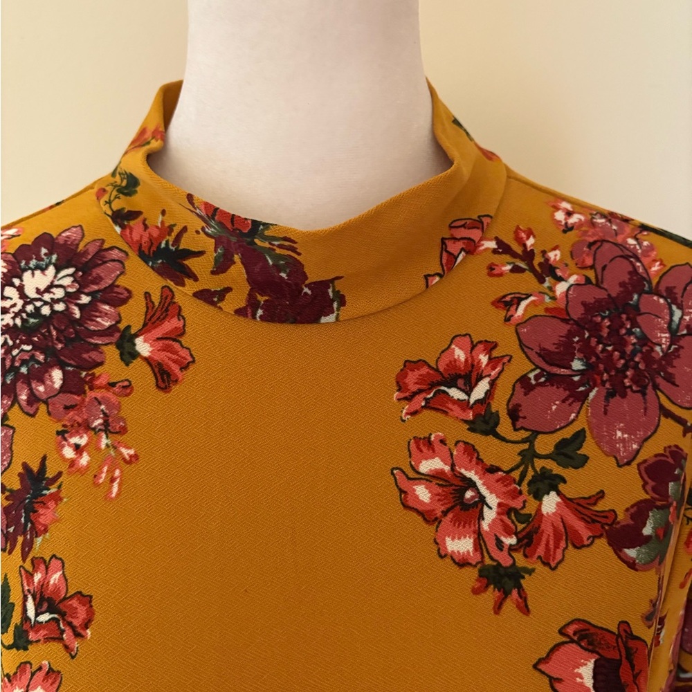Large As U Wish Mustard Floral Mini Mock Neck Shift Dress - Picture 5 of 8